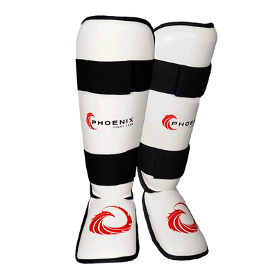 White Kids Champion shin guards by Phoenix Fight Gear
